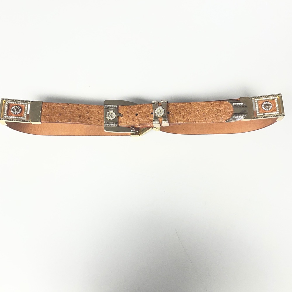 Azteca Leather Ostrich Embossed Medusa Belt Size 40 Cognac Gold Y2K Glam Baroque